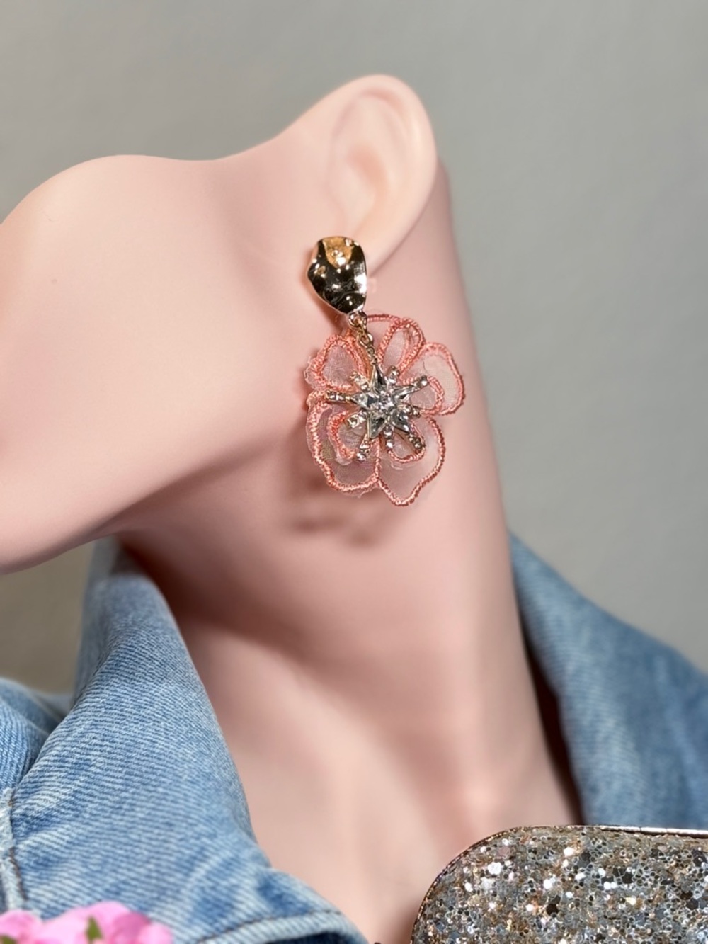 Delicate Pink Flower Drop Earrings with Crystal Center
